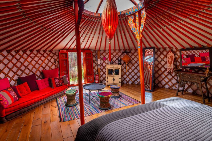 estancia de cuento de hadas y acampada de lujo en yurta con cama confortable, cafetera espresso y hervidor de agua, vistas al olivar